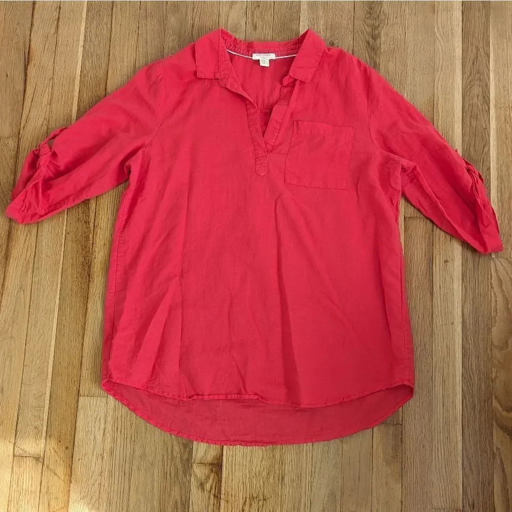 Saint Tropez West linen cotton blend pop over blouse red coral color
